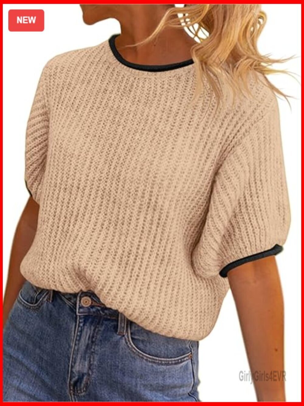 Short Sleeve Ribbed Knit Sweater Top, Puff Sleeve Crew Neck, Lightweight